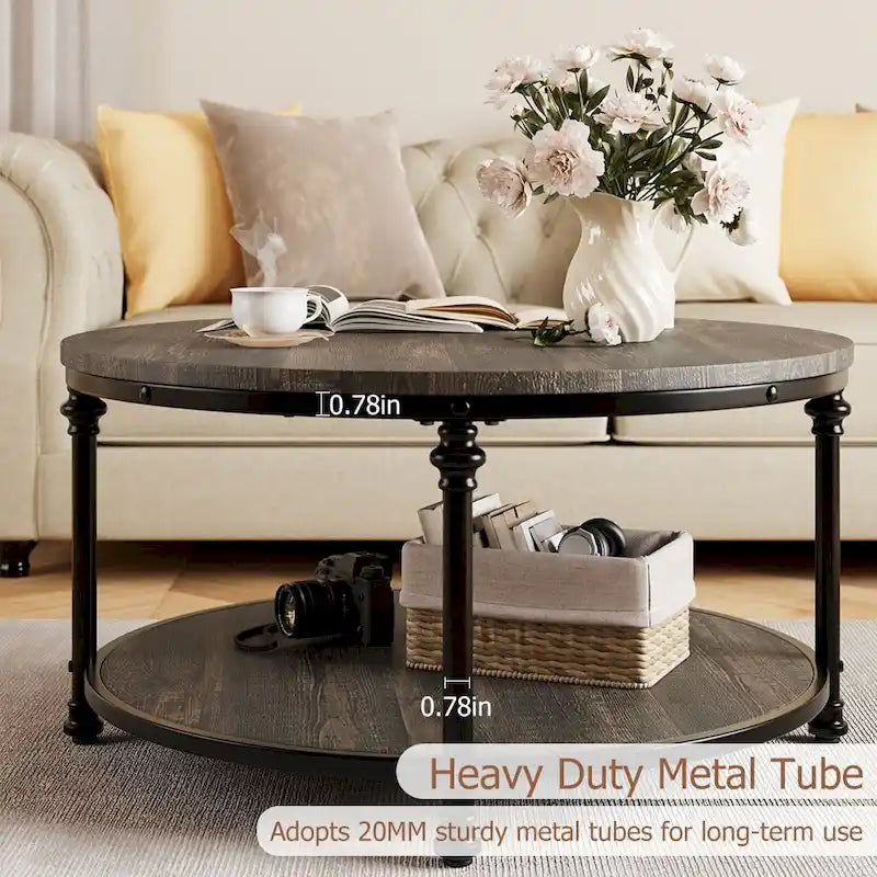 30.3" Round Coffee Table - 2-Tier Storage Shelf, Roman Column Metal Legs, MDF, 150lbs Capacity, Vintage Style