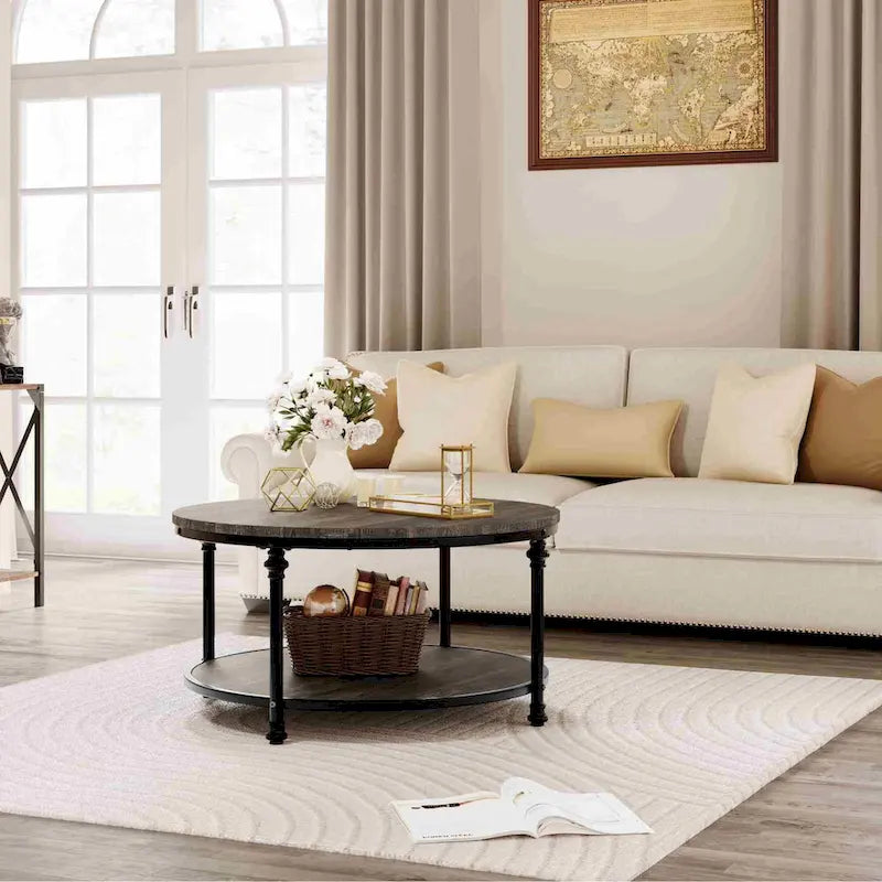 30.3" Round Coffee Table - 2-Tier Storage Shelf, Roman Column Metal Legs, MDF, 150lbs Capacity, Vintage Style