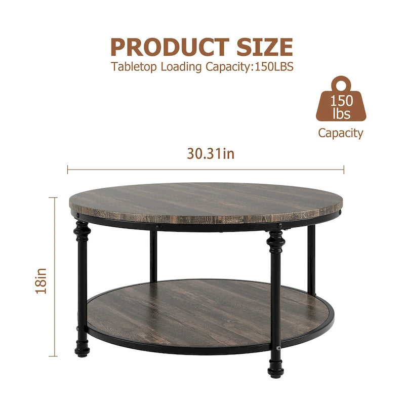 30.3" Round Coffee Table - 2-Tier Storage Shelf, Roman Column Metal Legs, MDF, 150lbs Capacity, Vintage Style