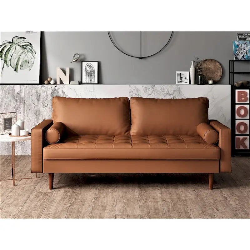 69.7" Faux Leather Mid-Century Modern Sofa - Button Tufted Track Arms with Tapered Legs - Includes 4 Cushions