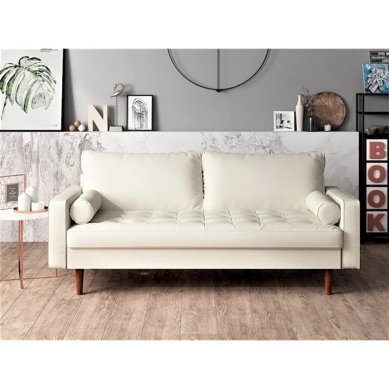 69.7" Faux Leather Mid-Century Modern Sofa - Button Tufted Track Arms with Tapered Legs - Includes 4 Cushions