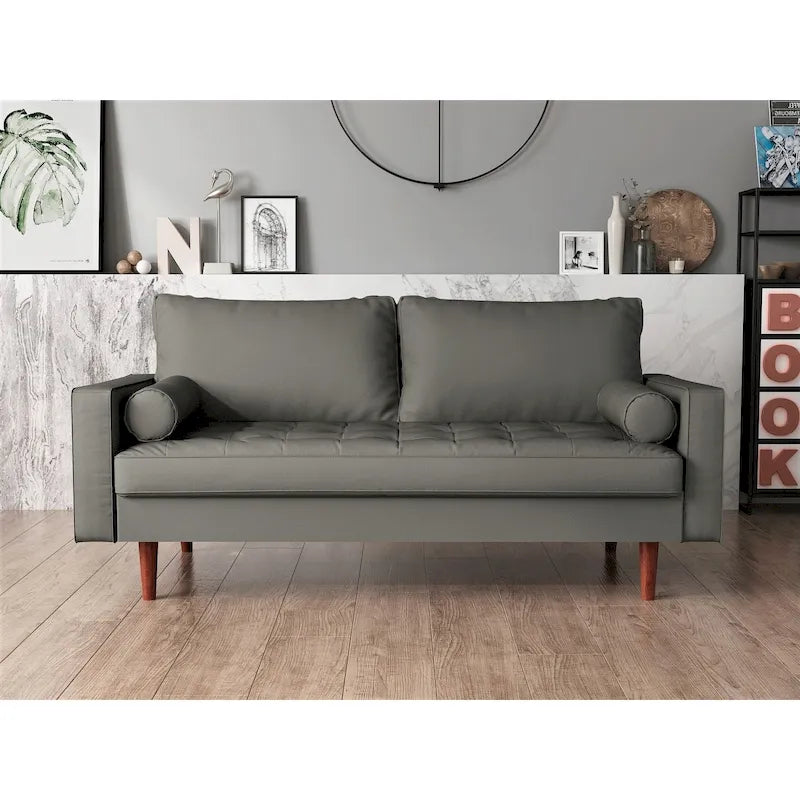 69.7" Faux Leather Mid-Century Modern Sofa - Button Tufted Track Arms with Tapered Legs - Includes 4 Cushions