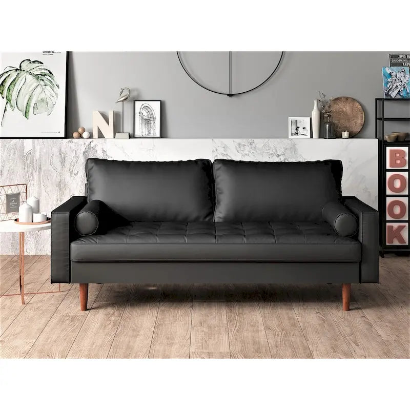 69.7" Faux Leather Mid-Century Modern Sofa - Button Tufted Track Arms with Tapered Legs - Includes 4 Cushions