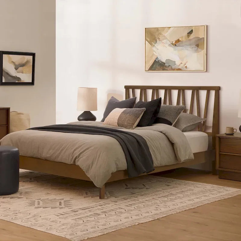 Queen Platform Bed with V-Panel Headboard, Rubberwood & MDF Frame, No Box Spring Needed, Coffee Brown, Modern Bedroom Furniture