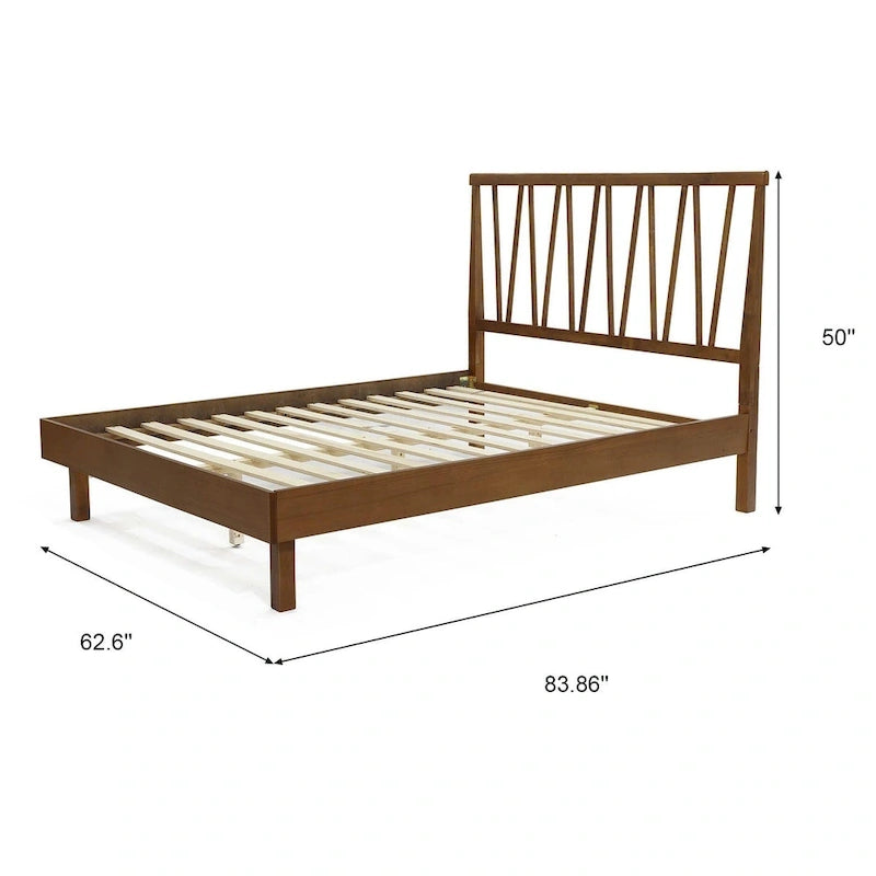 Queen Platform Bed with V-Panel Headboard, Rubberwood & MDF Frame, No Box Spring Needed, Coffee Brown, Modern Bedroom Furniture
