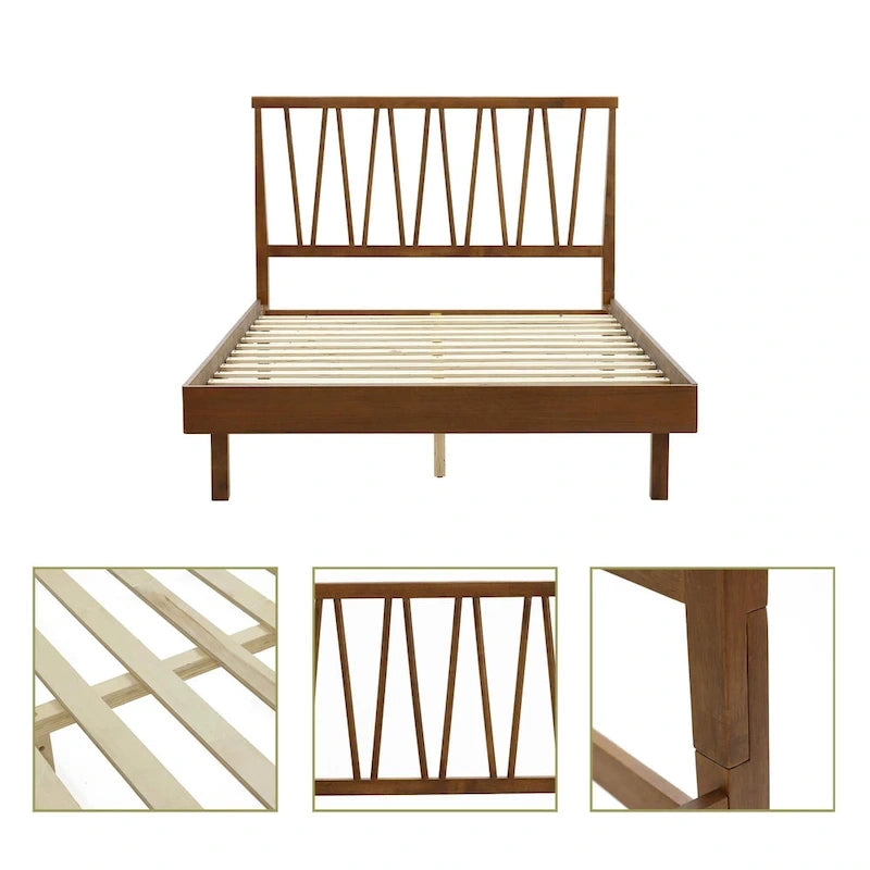 Queen Platform Bed with V-Panel Headboard, Rubberwood & MDF Frame, No Box Spring Needed, Coffee Brown, Modern Bedroom Furniture