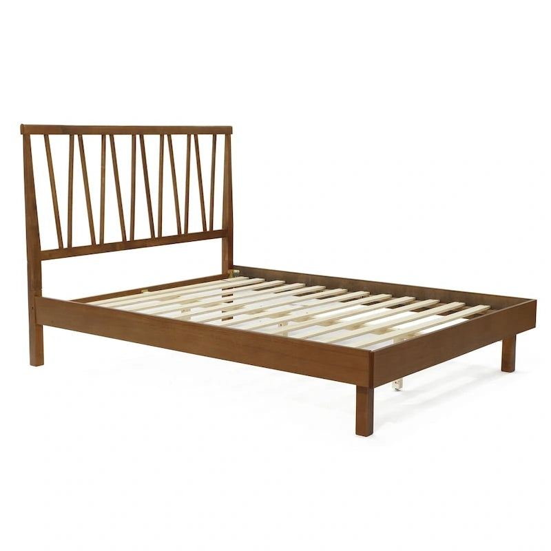Queen Platform Bed with V-Panel Headboard, Rubberwood & MDF Frame, No Box Spring Needed, Coffee Brown, Modern Bedroom Furniture