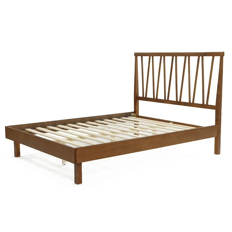 Queen Platform Bed with V-Panel Headboard, Rubberwood & MDF Frame, No Box Spring Needed, Coffee Brown, Modern Bedroom Furniture