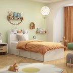 Twin Wood Platform Bed with 3 Storage Drawers & Headboard - White, Pinewood/MDF, 350lbs Capacity, No Box Spring