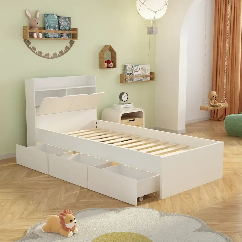 Twin Wood Platform Bed with 3 Storage Drawers & Headboard - White, Pinewood/MDF, 350lbs Capacity, No Box Spring