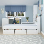 Twin Wood Platform Bed with 3 Storage Drawers & Headboard - White, Pinewood/MDF, 350lbs Capacity, No Box Spring