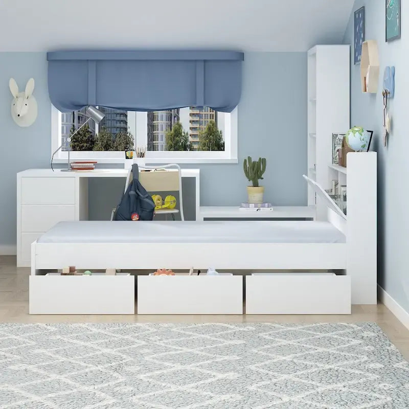 Twin Wood Platform Bed with 3 Storage Drawers & Headboard - White, Pinewood/MDF, 350lbs Capacity, No Box Spring