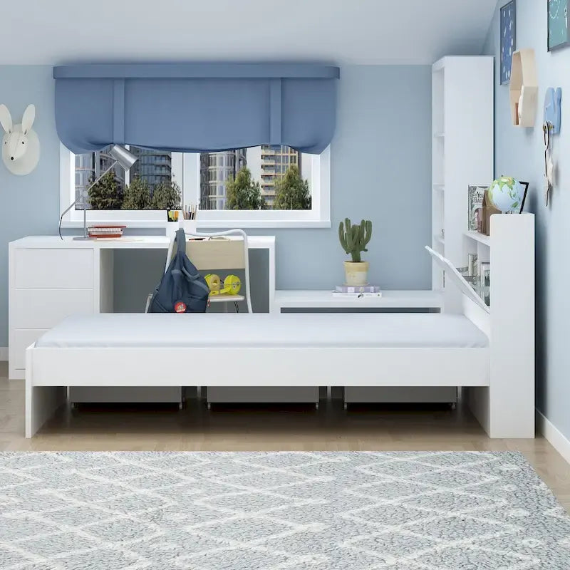 Twin Wood Platform Bed with 3 Storage Drawers & Headboard - White, Pinewood/MDF, 350lbs Capacity, No Box Spring