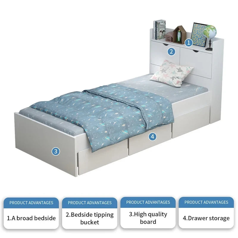 Twin Wood Platform Bed with 3 Storage Drawers & Headboard - White, Pinewood/MDF, 350lbs Capacity, No Box Spring