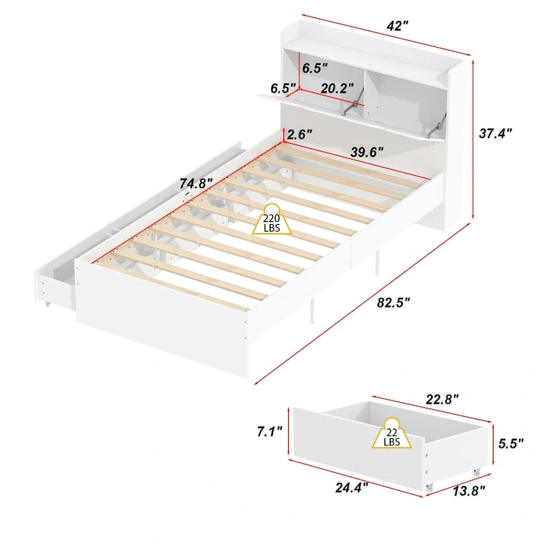 Twin Wood Platform Bed with 3 Storage Drawers & Headboard - White, Pinewood/MDF, 350lbs Capacity, No Box Spring
