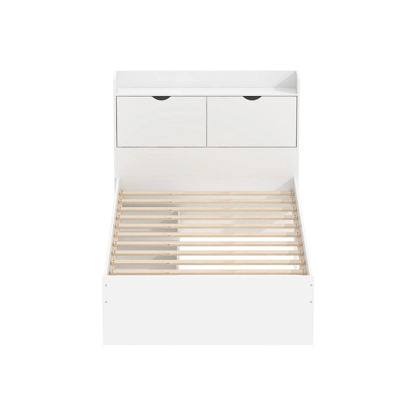 Twin Wood Platform Bed with 3 Storage Drawers & Headboard - White, Pinewood/MDF, 350lbs Capacity, No Box Spring