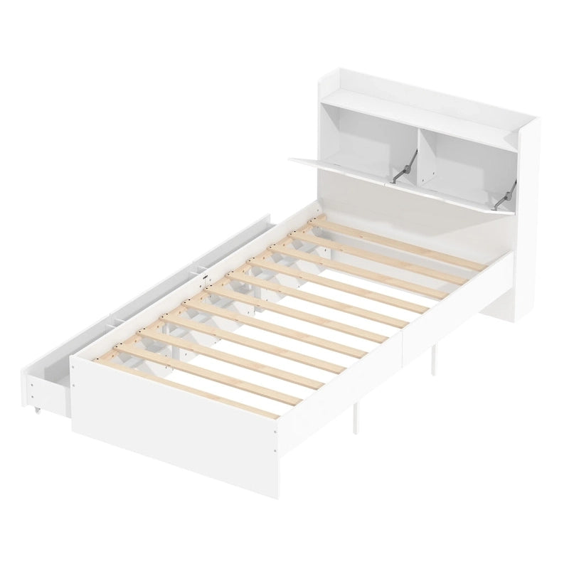 Twin Wood Platform Bed with 3 Storage Drawers & Headboard - White, Pinewood/MDF, 350lbs Capacity, No Box Spring
