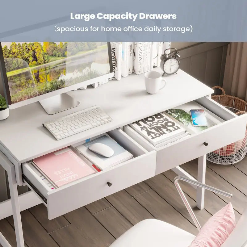 43.3" Computer Desk with 2 Drawers - Particle Board & MDF, White Finish, 135lbs Capacity, Contemporary Style