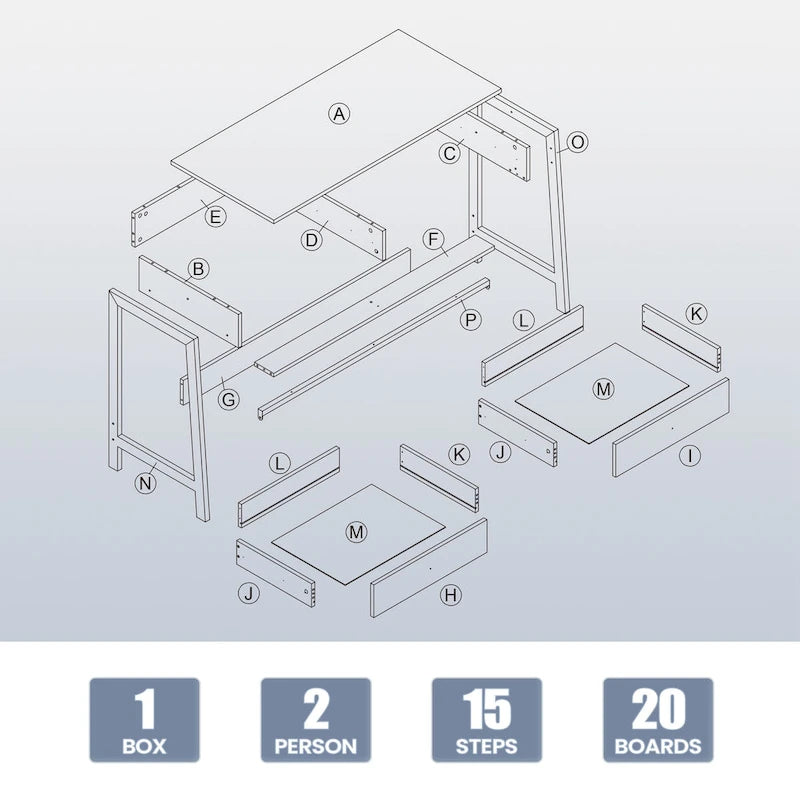 43.3" Computer Desk with 2 Drawers - Particle Board & MDF, White Finish, 135lbs Capacity, Contemporary Style