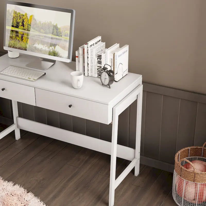 43.3" Computer Desk with 2 Drawers - Particle Board & MDF, White Finish, 135lbs Capacity, Contemporary Style