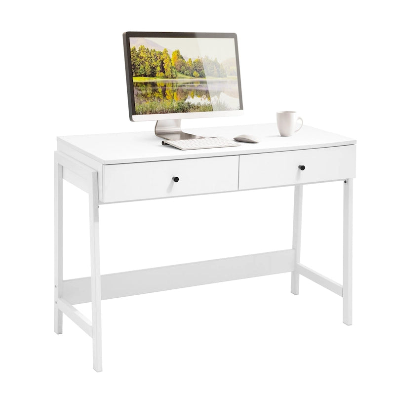 43.3" Computer Desk with 2 Drawers - Particle Board & MDF, White Finish, 135lbs Capacity, Contemporary Style