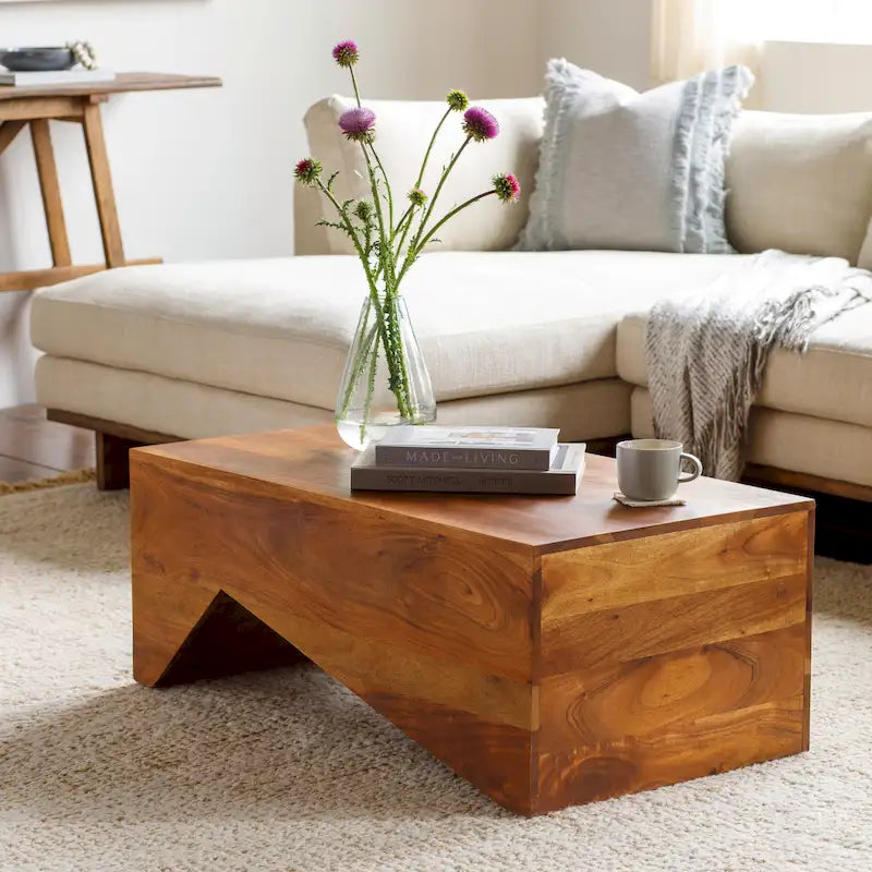 39" Modern Angular Wooden Coffee Table - Natural Wood Grain, Rustic Contemporary Style, 2 Color Options
