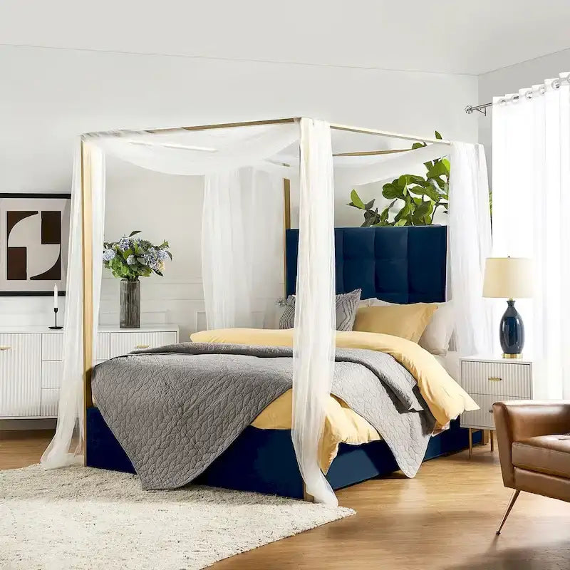 Queen/King Upholstered Canopy Bed - Tufted Headboard, Champagne Metal Frame, 650lbs Capacity, Modern Style
