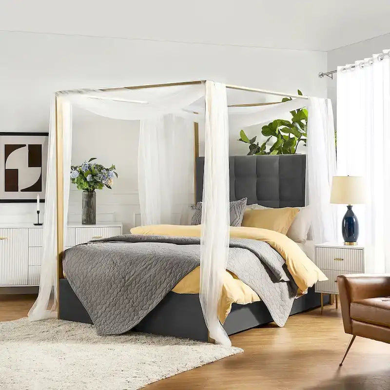 Queen/King Upholstered Canopy Bed - Tufted Headboard, Champagne Metal Frame, 650lbs Capacity, Modern Style