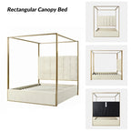 Queen/King Upholstered Canopy Bed - Tufted Headboard, Champagne Metal Frame, 650lbs Capacity, Modern Style