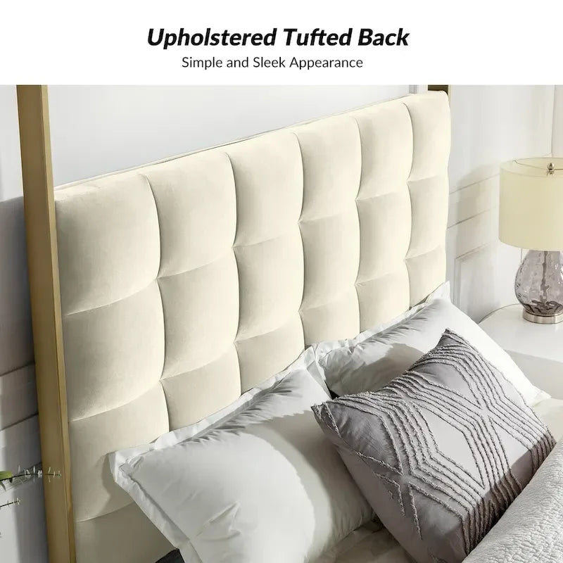 Queen/King Upholstered Canopy Bed - Tufted Headboard, Champagne Metal Frame, 650lbs Capacity, Modern Style