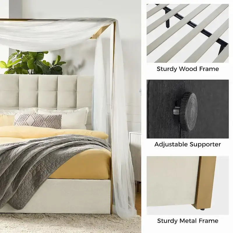 Queen/King Upholstered Canopy Bed - Tufted Headboard, Champagne Metal Frame, 650lbs Capacity, Modern Style