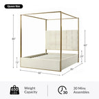 Queen/King Upholstered Canopy Bed - Tufted Headboard, Champagne Metal Frame, 650lbs Capacity, Modern Style