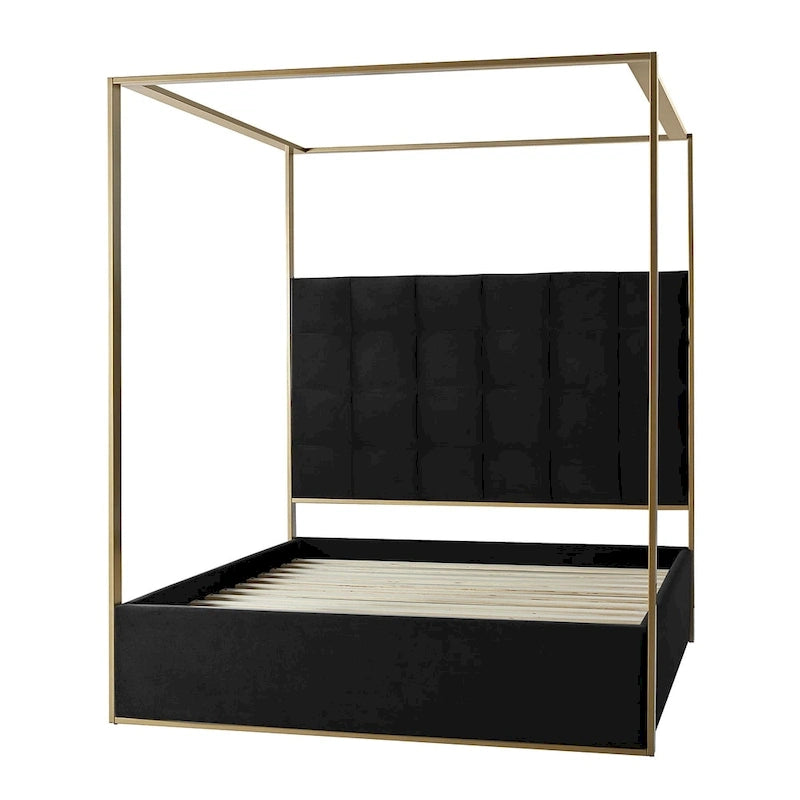 Queen/King Upholstered Canopy Bed - Tufted Headboard, Champagne Metal Frame, 650lbs Capacity, Modern Style