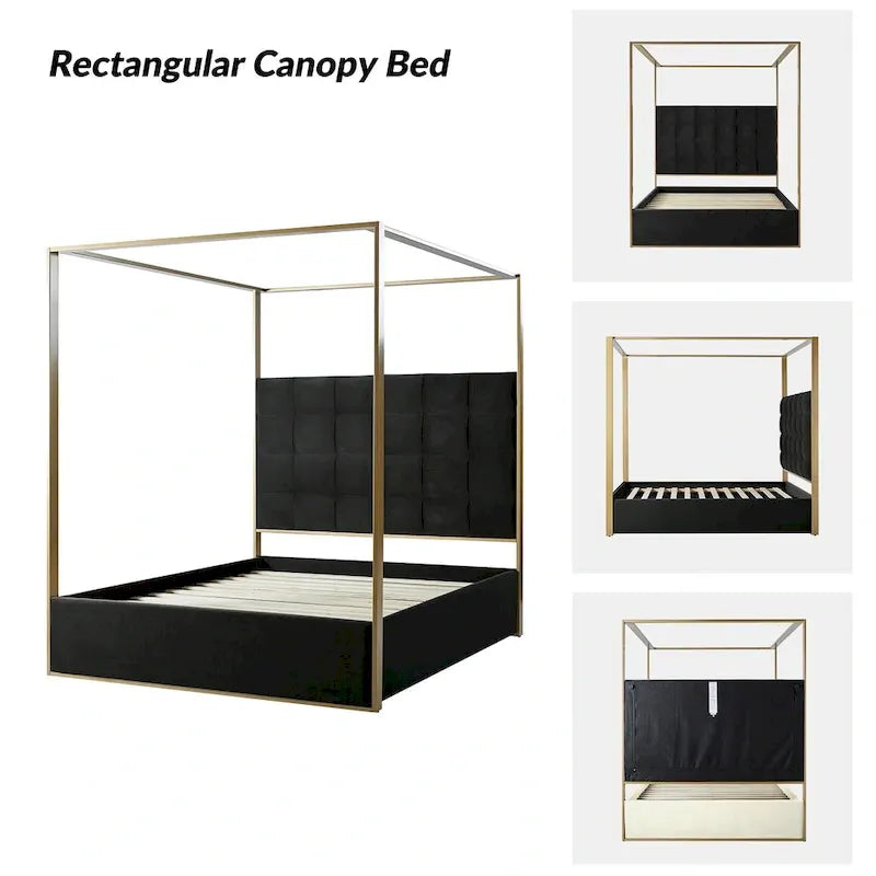 Queen/King Upholstered Canopy Bed - Tufted Headboard, Champagne Metal Frame, 650lbs Capacity, Modern Style
