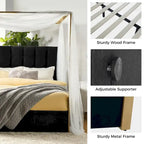 Queen/King Upholstered Canopy Bed - Tufted Headboard, Champagne Metal Frame, 650lbs Capacity, Modern Style