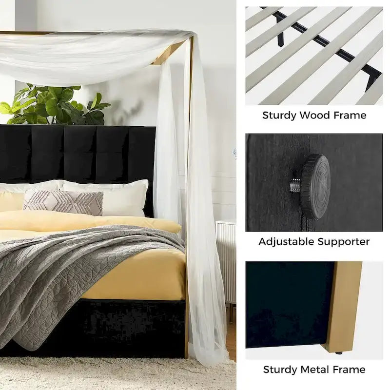 Queen/King Upholstered Canopy Bed - Tufted Headboard, Champagne Metal Frame, 650lbs Capacity, Modern Style