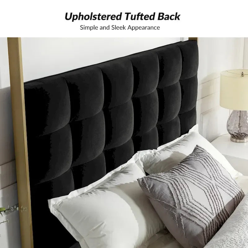 Queen/King Upholstered Canopy Bed - Tufted Headboard, Champagne Metal Frame, 650lbs Capacity, Modern Style