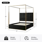 Queen/King Upholstered Canopy Bed - Tufted Headboard, Champagne Metal Frame, 650lbs Capacity, Modern Style