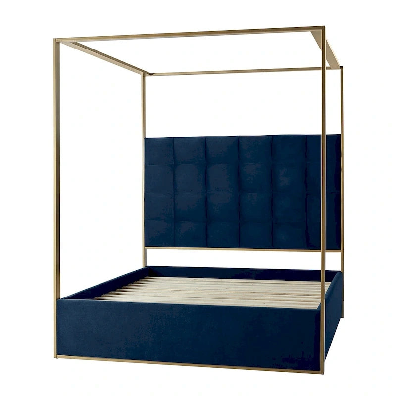 Queen/King Upholstered Canopy Bed - Tufted Headboard, Champagne Metal Frame, 650lbs Capacity, Modern Style
