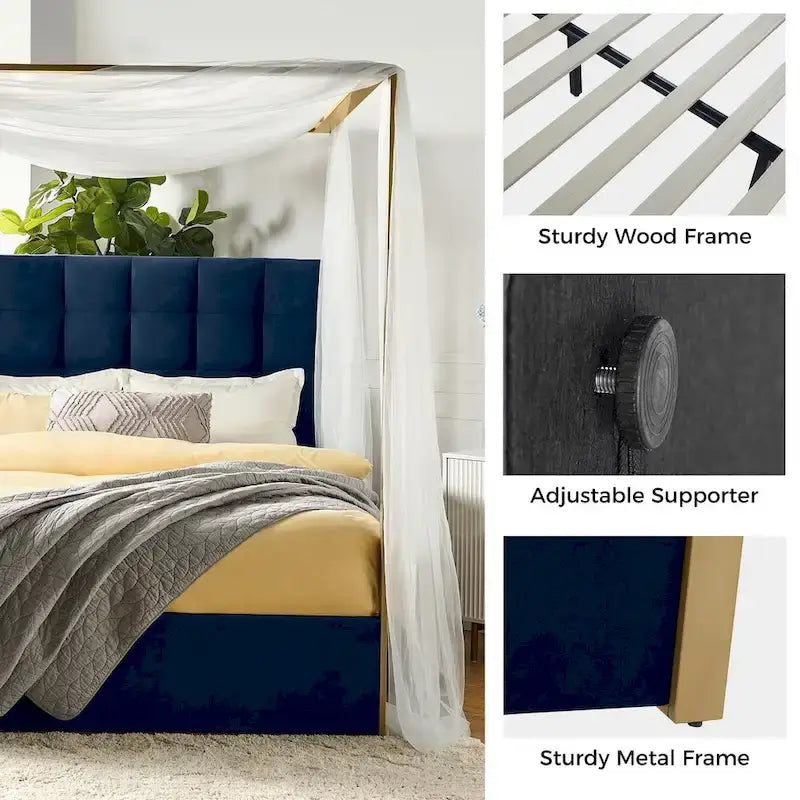 Queen/King Upholstered Canopy Bed - Tufted Headboard, Champagne Metal Frame, 650lbs Capacity, Modern Style