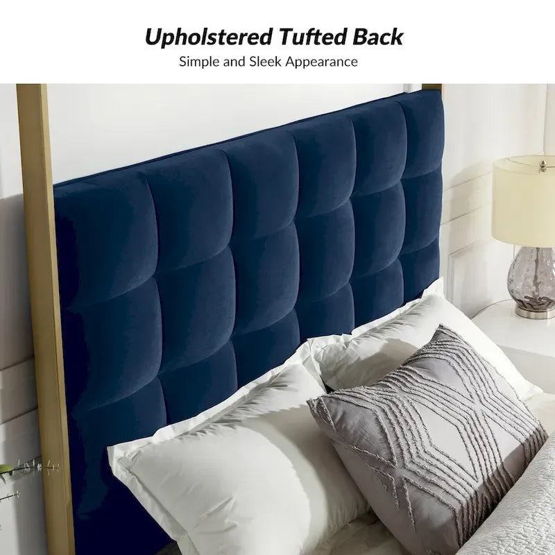 Queen/King Upholstered Canopy Bed - Tufted Headboard, Champagne Metal Frame, 650lbs Capacity, Modern Style