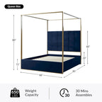 Queen/King Upholstered Canopy Bed - Tufted Headboard, Champagne Metal Frame, 650lbs Capacity, Modern Style