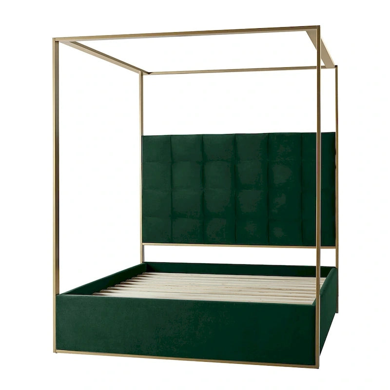 Queen/King Upholstered Canopy Bed - Tufted Headboard, Champagne Metal Frame, 650lbs Capacity, Modern Style