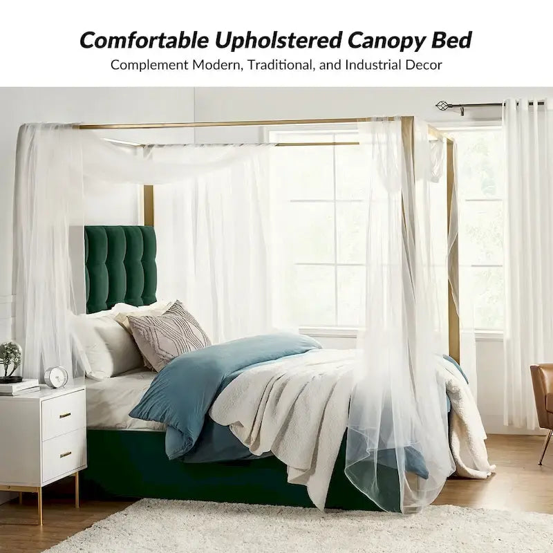 Queen/King Upholstered Canopy Bed - Tufted Headboard, Champagne Metal Frame, 650lbs Capacity, Modern Style