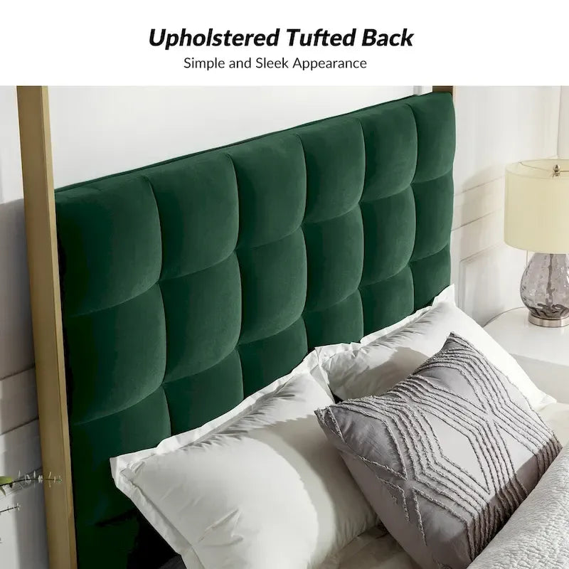 Queen/King Upholstered Canopy Bed - Tufted Headboard, Champagne Metal Frame, 650lbs Capacity, Modern Style