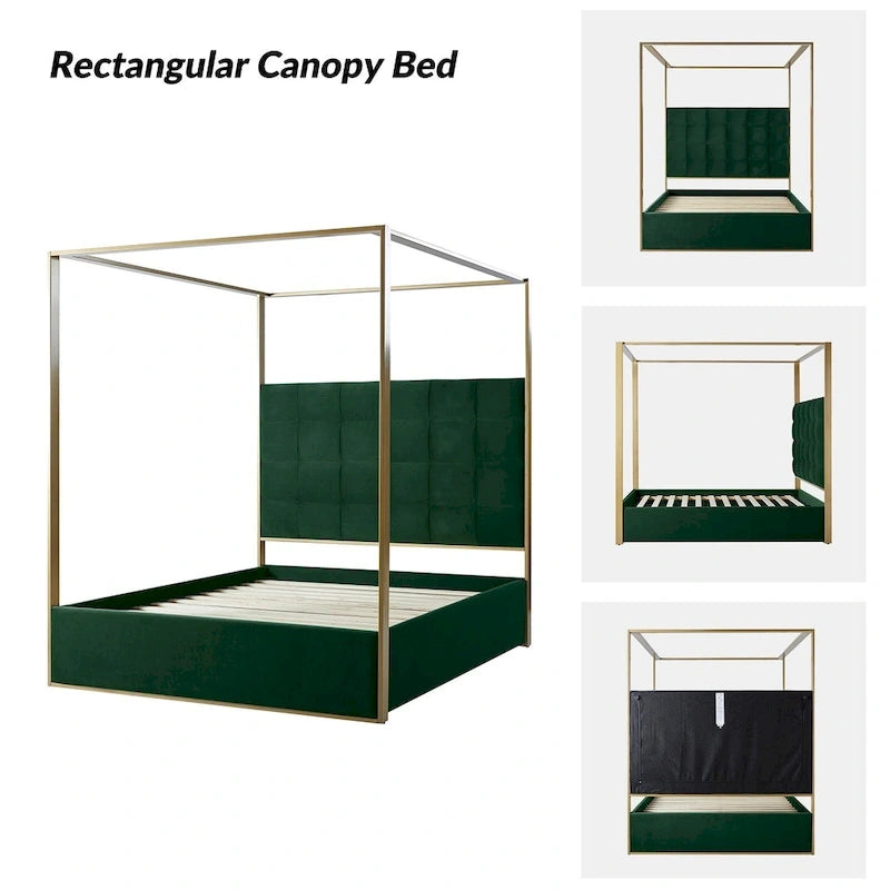 Queen/King Upholstered Canopy Bed - Tufted Headboard, Champagne Metal Frame, 650lbs Capacity, Modern Style