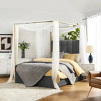 Queen/King Upholstered Canopy Bed - Tufted Headboard, Champagne Metal Frame, 650lbs Capacity, Modern Style