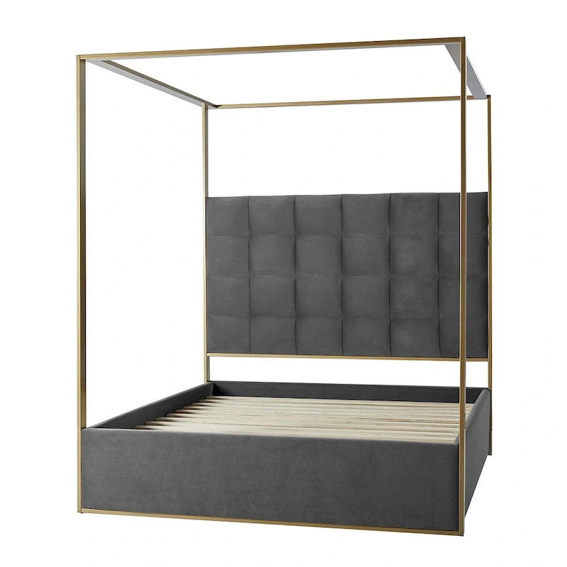 Queen/King Upholstered Canopy Bed - Tufted Headboard, Champagne Metal Frame, 650lbs Capacity, Modern Style
