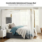 Queen/King Upholstered Canopy Bed - Tufted Headboard, Champagne Metal Frame, 650lbs Capacity, Modern Style