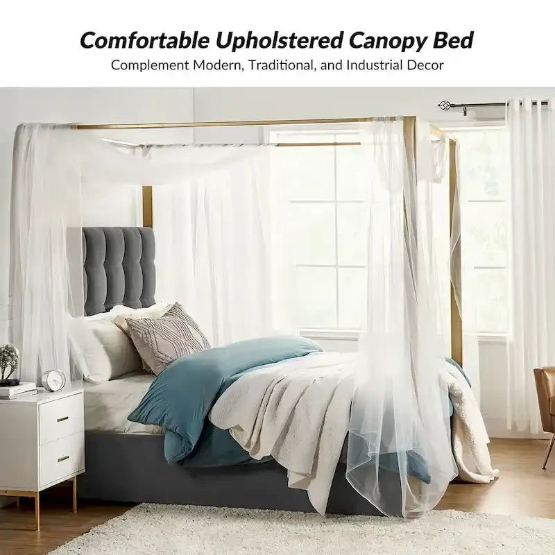 Queen/King Upholstered Canopy Bed - Tufted Headboard, Champagne Metal Frame, 650lbs Capacity, Modern Style